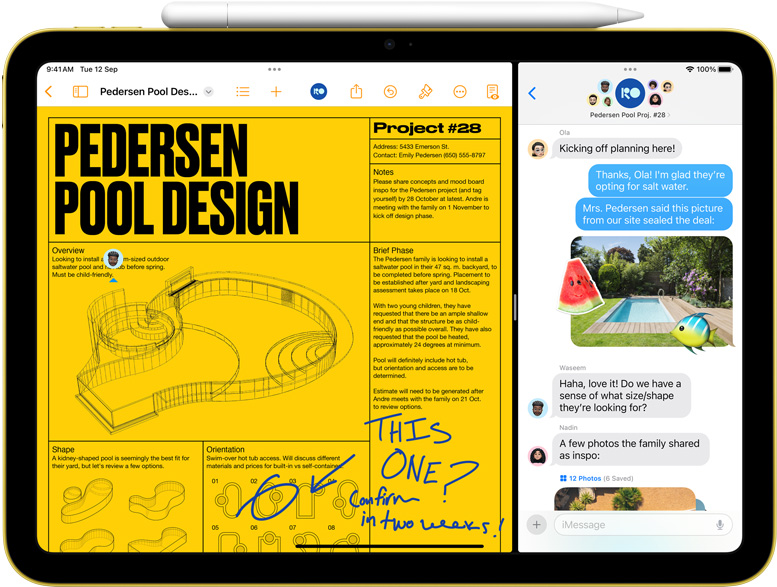 Split View of Pages and Messages on iPad with Apple Pencil magnetically attached.