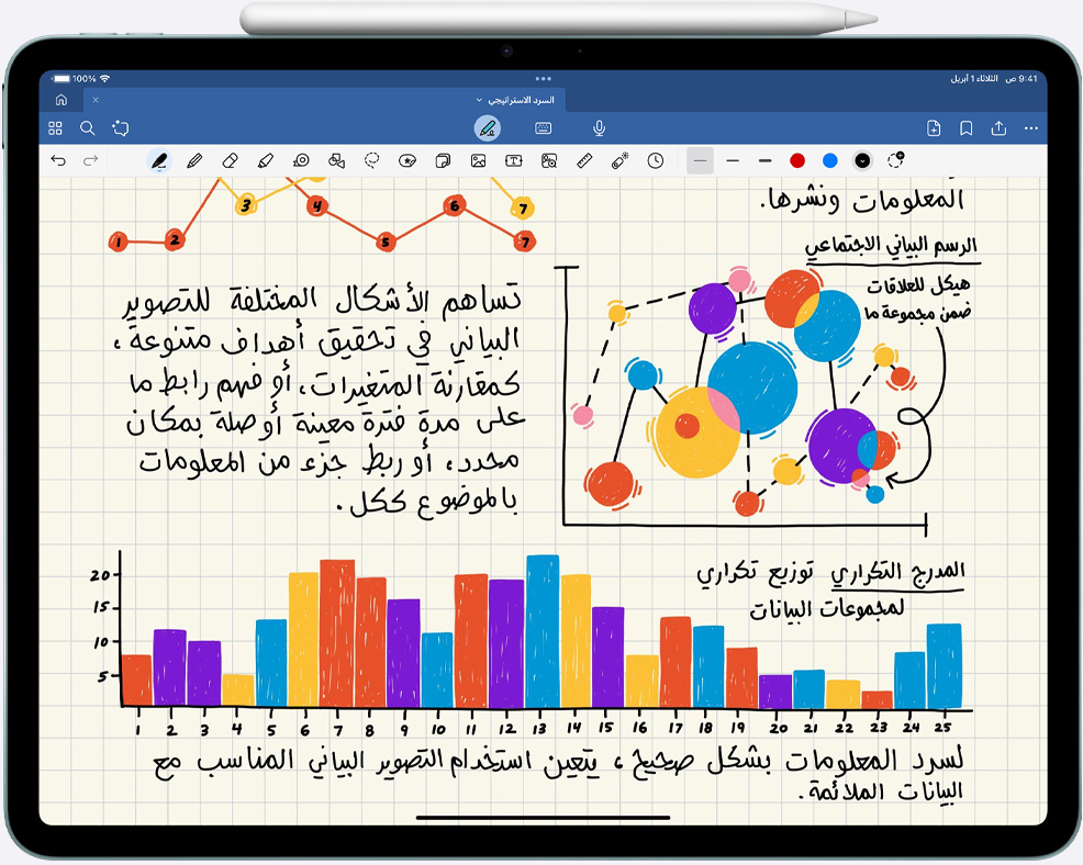 ملاحظات ومخططات بخط اليد على iPad Air، وقلم Apple Pro‏ مثبت على الجهاز