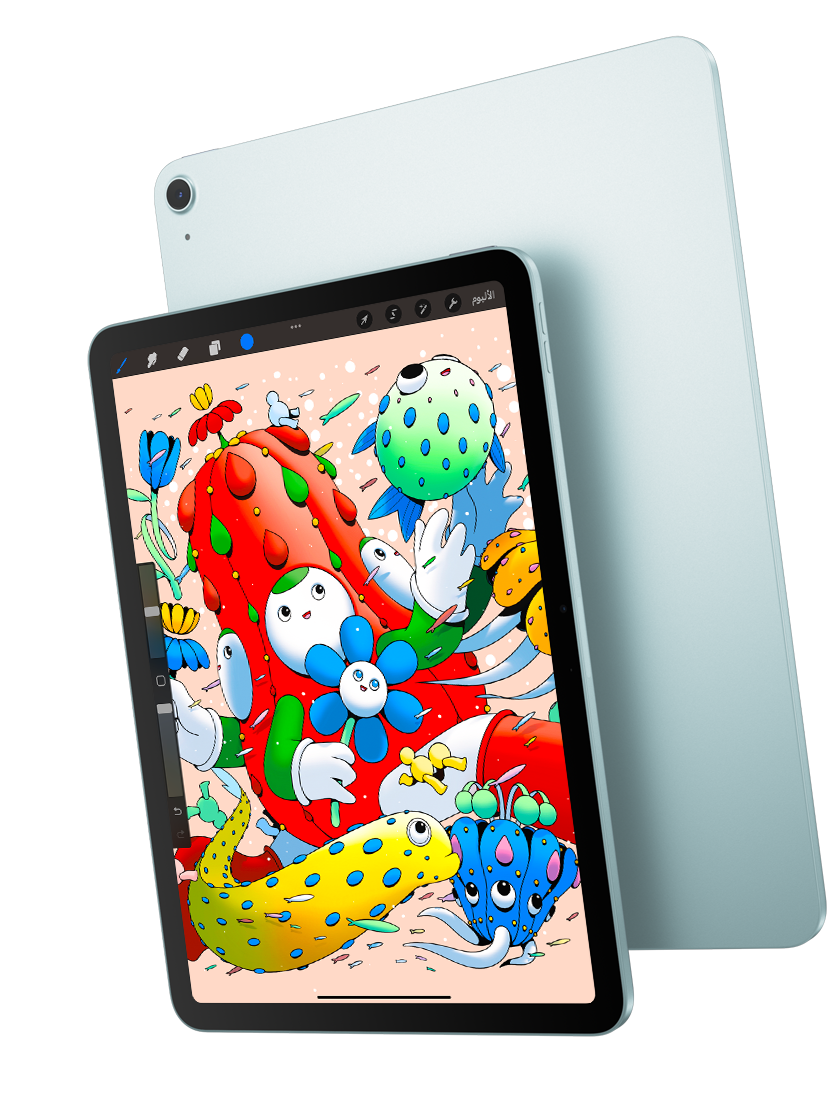 الجزء الأمامي الخارجي لجهاز iPad Air مقاس 11 إنش ويظهر عليه تطبيق Procreate ويتداخل مع الجزء الخلفي الخارجي لجهاز iPad Air باللون الأزرق