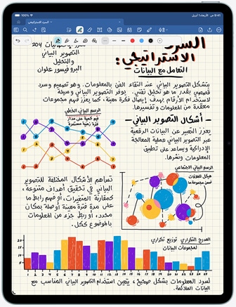 جهاز iPad Air، الجانب الأمامي الخارجي، يعرض تطبيق GoodNotes مع كتابة ورسوم بيانية