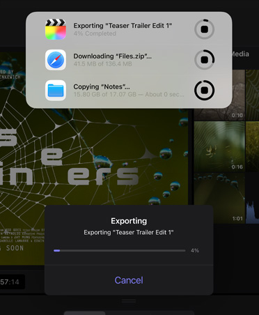 Background tasks notification showing progress of video export, file download, and moving notes to backup