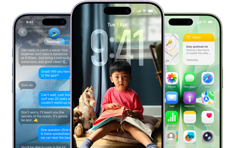 iPhone 17 devices, front exterior, colors: mist blue, lavender, sage, iOS features - Background with messages, Liquid Glass showing the Lock Screen and Home Screen with various apps displayed