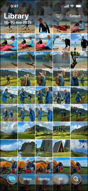 iPhone 17e, front exterior, showing many photos in Photos library