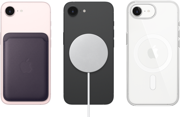 جهاز iPhone 17e، الجزء الخارجي الخلفي، لون زهري ناعم، محفظة من نسيج محبوك مع MagSafe مثبتة، جهاز iPhone 17e، الجانب الخارجي الخلفي، لون أسود، شاحن MagSafe مثبت، جهاز iPhone 17e، الجزء الخارجي الخلفي، لون أبيض، حافظة شفافة مع MagSafe مثبتة