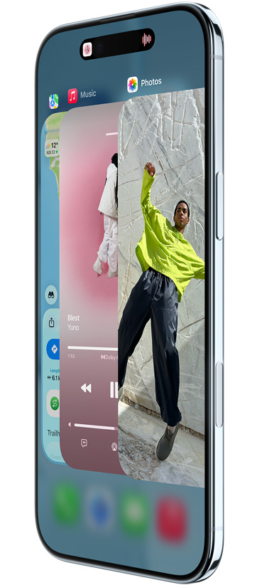 iPhone Air, front exterior, side exterior, with Maps, Music, and Apple TV apps, showcasing the App Switcher feature in use