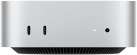 جهاز Mac mini، الجهة الأمامية، 2 من منافذ ثندربولت، ضوء مؤشر التشغيل ومقبس لسماعات الرأس، قاعدة سوداء مدببة في الأسفل، سطح مسطح، جوانب مدورة، حواف مستقيمة، لون فضي
