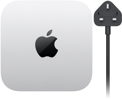 جهاز Mac mini، الجهة العلوية، ألومنيوم فضي، مربع، زوايا مدورة، شعار Apple باللون الأسود اللامع في الوسط، سلك طاقة أسود مع مقبس طاقة بسنّين