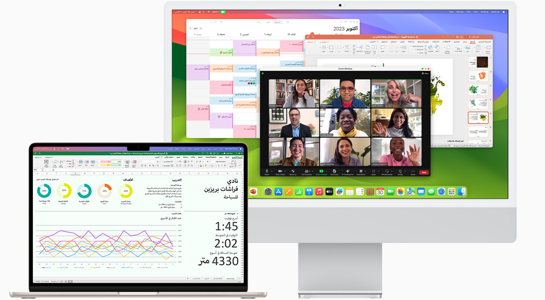 صورة أمامية لجهاز MacBook Air يظهر عليه Microsoft Excel ولقطة أمامية لجهاز iMac تظهر عليه تطبيقات Zoom والتقويم وMicrosoft Powerpoint‏.