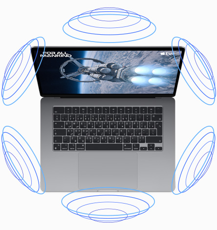 لقطة علوية لجهاز MacBook Air مع رسم توضيحي يبين عمل ميزة الصوت المكاني أثناء تشغيل فيلم