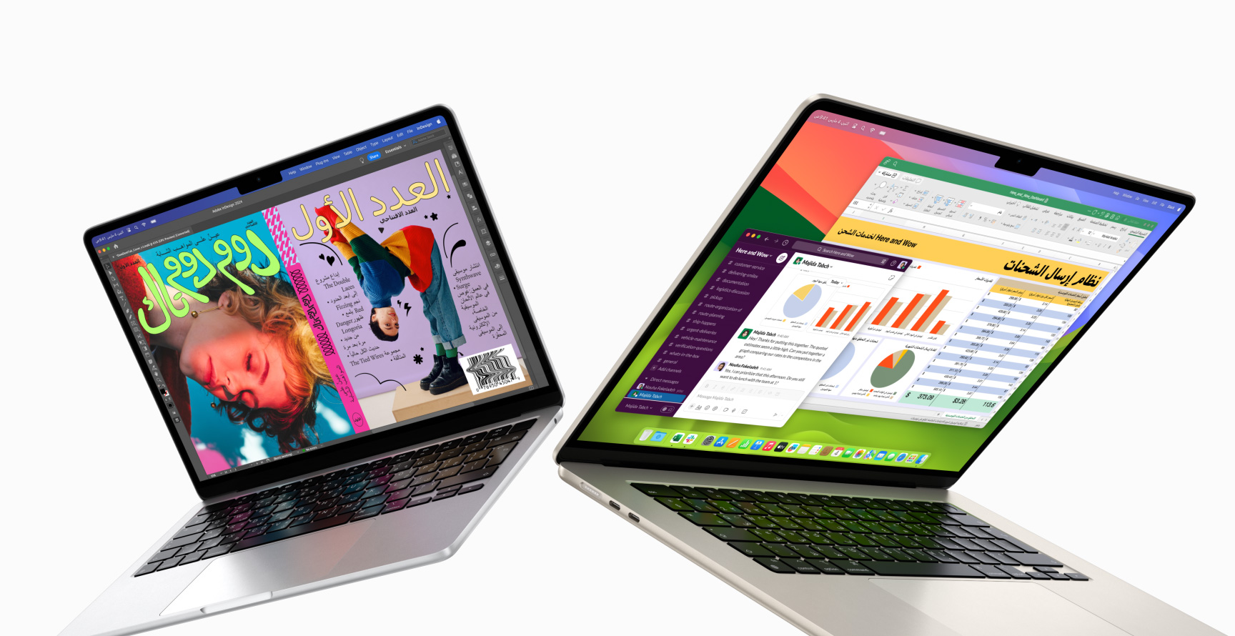 Partially open 13-inch MacBook Air on left and 15-inch MacBook Air on right. 13-inch screen shows colorful ‘zine cover created with In Design. 15-inch screen shows Microsoft Excel and Slack.