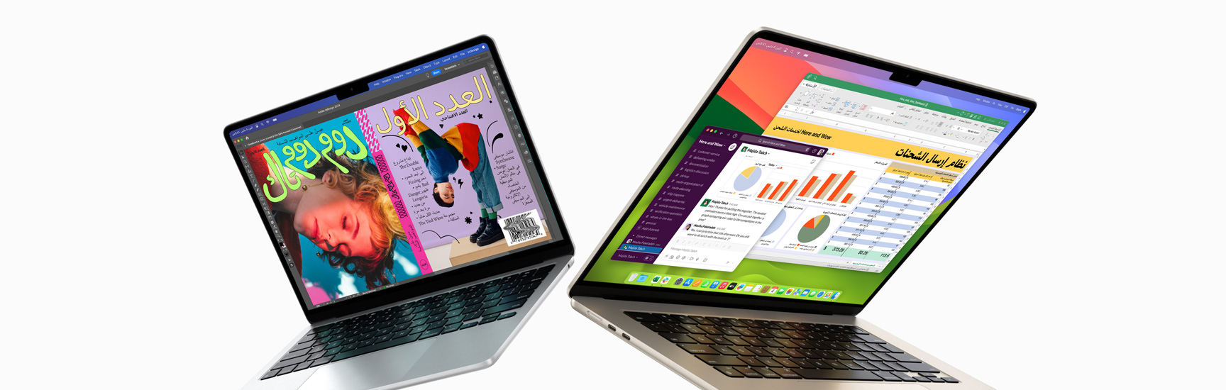 Partially open 13-inch MacBook Air on left and 15-inch MacBook Air on right. 13-inch screen shows colorful ‘zine cover created with In Design. 15-inch screen shows Microsoft Excel and Slack.
