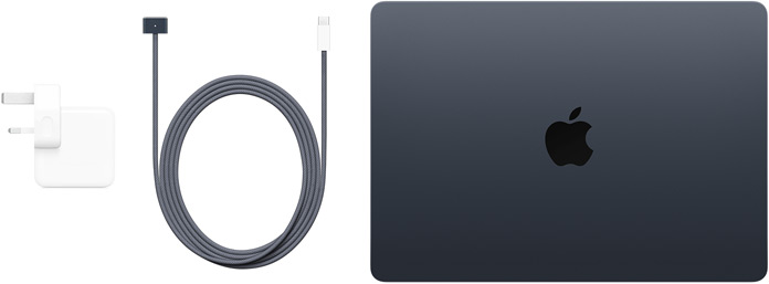 صورة لجهاز MacBook Air مقاس 13 إنش وكابل USB-C إلى MagSafe 3 ومحول طاقة USB-C بقدرة 30 واط