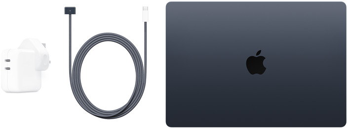 صورة لجهاز MacBook Air مقاس 15 إنش وكابل USB-C إلى MagSafe 3 ومحول طاقة USB-C مدمج ثنائي المنفذ بقدرة 35 واط
