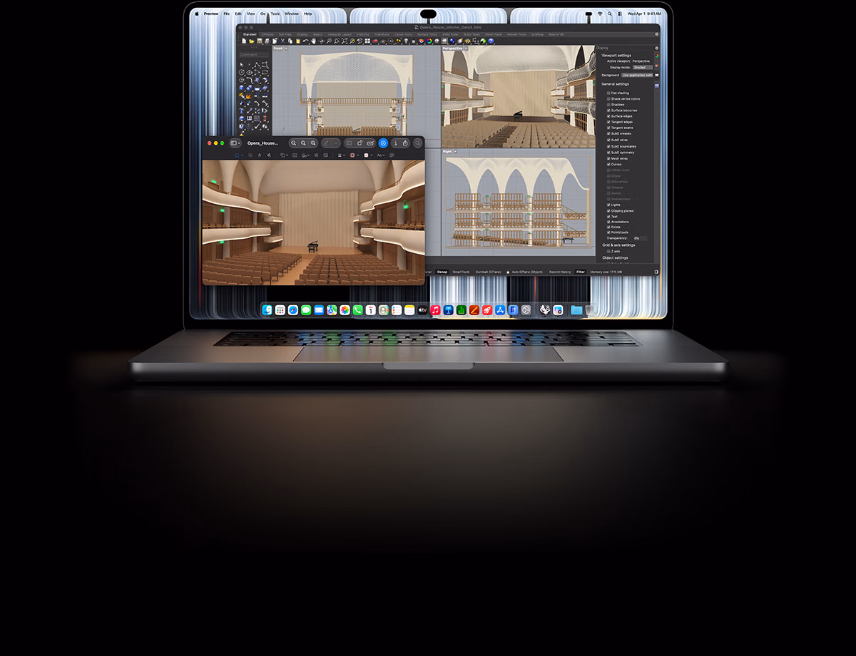 16-inch MacBook Pro with PROLED XDR Display, silver color, screen shows an object being modeled in Rhino