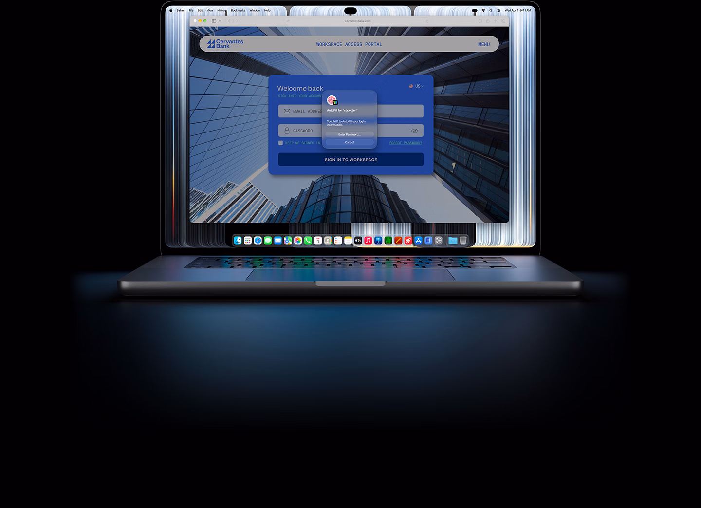 MacBook Pro with PROLED XDR Display, a small Safari window prompts a user to use Touch ID or enter credentials to log in to a website
