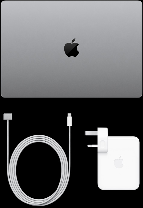 MacBook Pro with PROLED XDR Display, silver color, top, closed, USB-C charging cable and power adapter