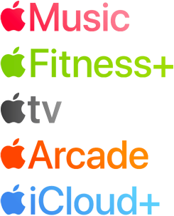 A list of Apple services: Apple Music, Apple Fitness Plus, Apple TV Plus, Apple Arcade, and Apple iCloud Plus