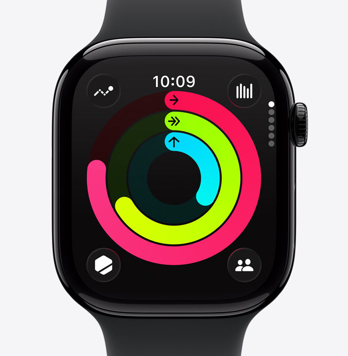 ساعة Apple Watch Series 11، إطار ألومنيوم، لون أسود لامع مصقول، حلقات النشاط: الحركة، التمرين، الوقوف