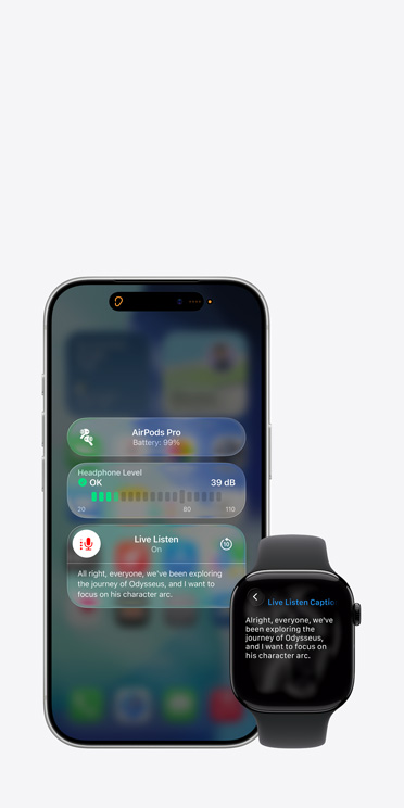 iPhone 17 Pro 螢幕展示使用中的即時聆聽環節,並帶有所得音訊的字幕;Apple Watch Series 11 螢幕展示同一音訊的即時字幕。