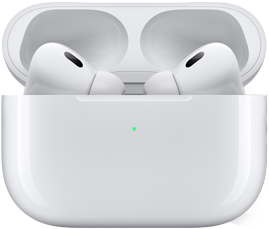 裝有 AirPods Pro 的充電盒旁邊有一部 iPhone，iPhone 連接了兩組 AirPods，每組都有獨立的音量控制。
