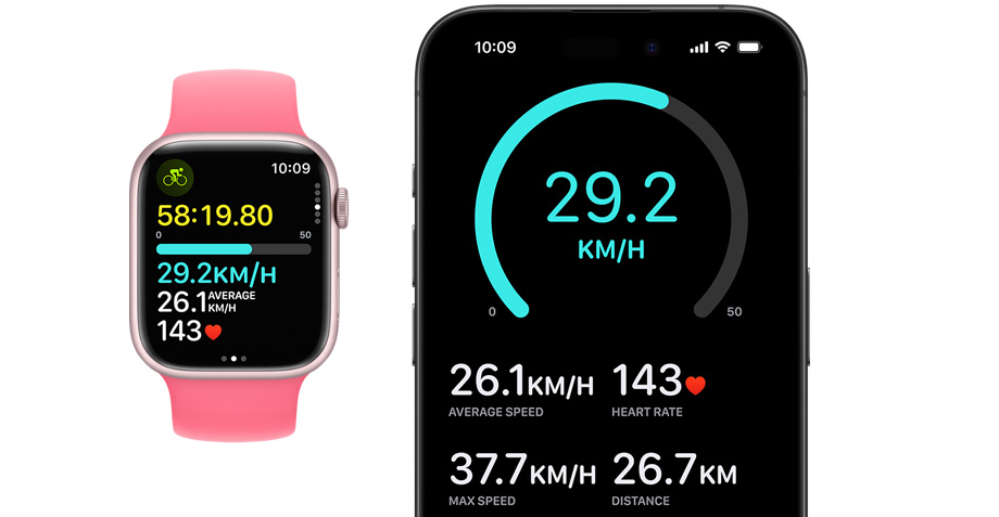 Apple Watch 及 iPhone 的正面圖。某人在 Apple Watch 上開始體能訓練，檢視畫面同時在 iPhone 上顯示。.