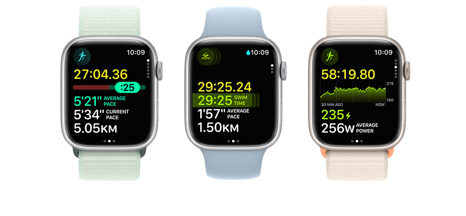 圖片展示三隻 Apple Watch，每個錶面分別展示不同的指標和體能訓練檢視畫面。
