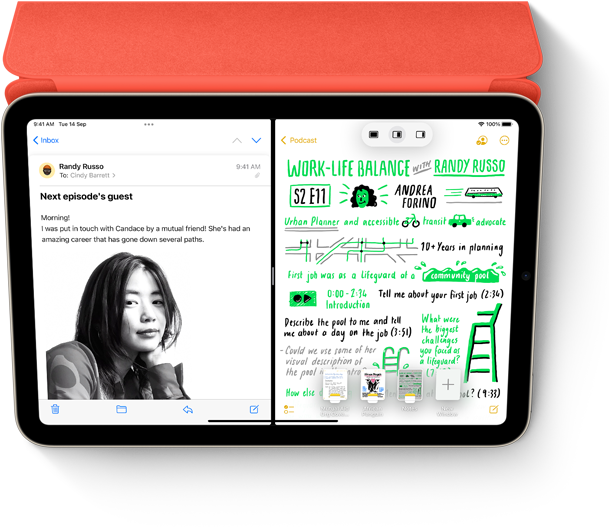 配備智慧型摺套及 Apple Pencil 的 iPad，分割顯示電郵和備忘錄 app 的手寫筆記