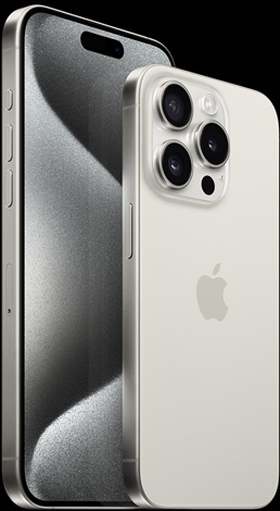 6.7 吋白色鈦金屬 iPhone 15 Pro Max 的正面圖以及 6.1 吋白色鈦金屬 iPhone 15 Pro 的背面圖