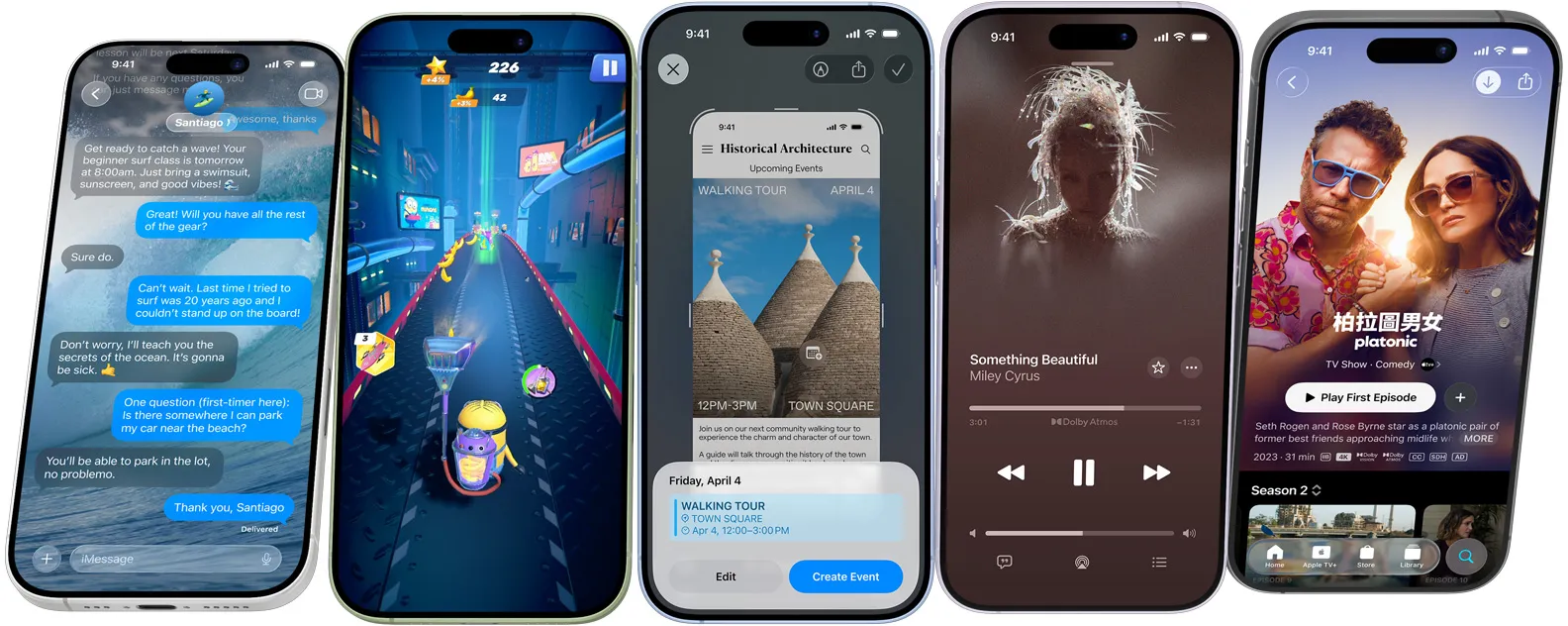 多部 iPhone 17 裝置從一端翻轉至另一端後停下，螢幕展示各種 iPhone 功能