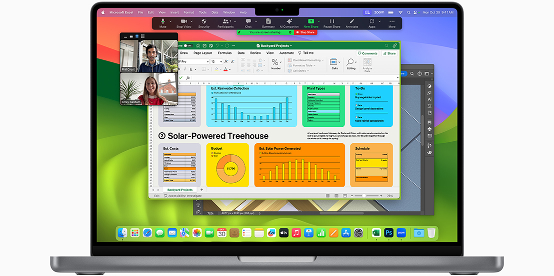 MacBook Pro 螢幕顯示 FaceTime、Microsoft Excel 和 Adobe Photoshop。