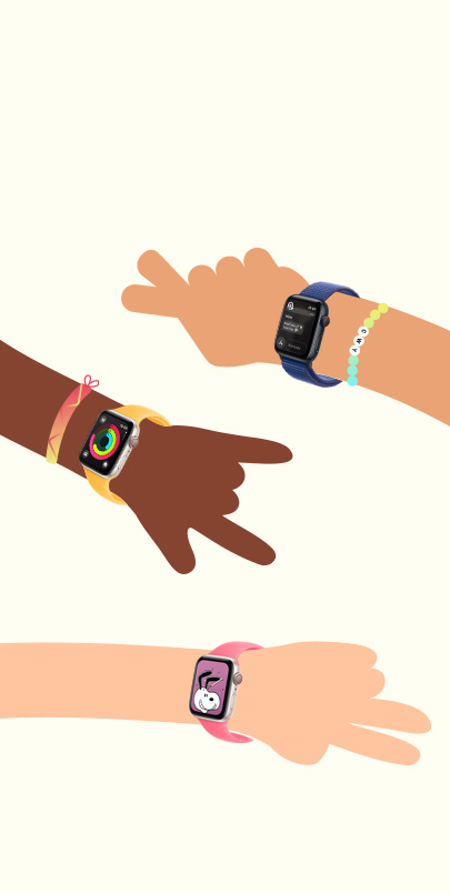 繪製的兒童手部，每隻手都戴著 Apple Watch。