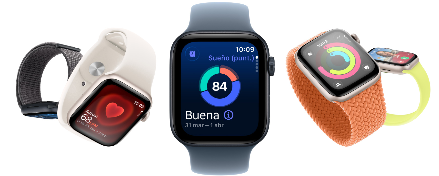 Apple Watch SE 3, pasan los distintos modelos, cajas de aluminio, colores medianoche y blanco estelar, pantallas: app Signos Vitales, app Frecuencia Cardiaca, Puntuación de Sueño, círculos de Actividad, llamada entrante, animación