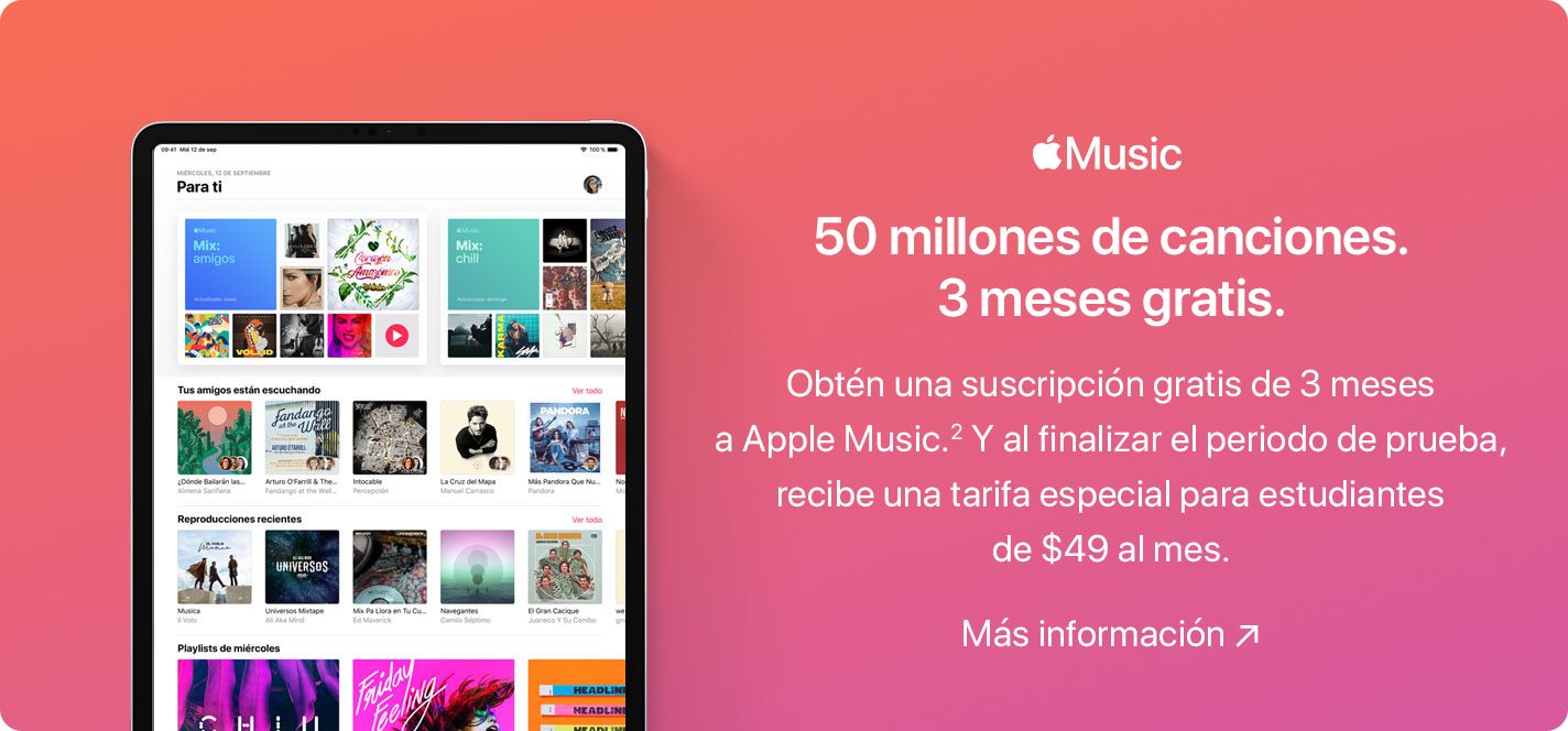 Apple Music. 50 millones de canciones. 3 meses gratis. Obtén una suscripción gratis de 3 meses a Apple Music.(2) Y al finalizar el periodo de prueba, recibe una tarifa especial para estudiantes de $49 al mes. Más información