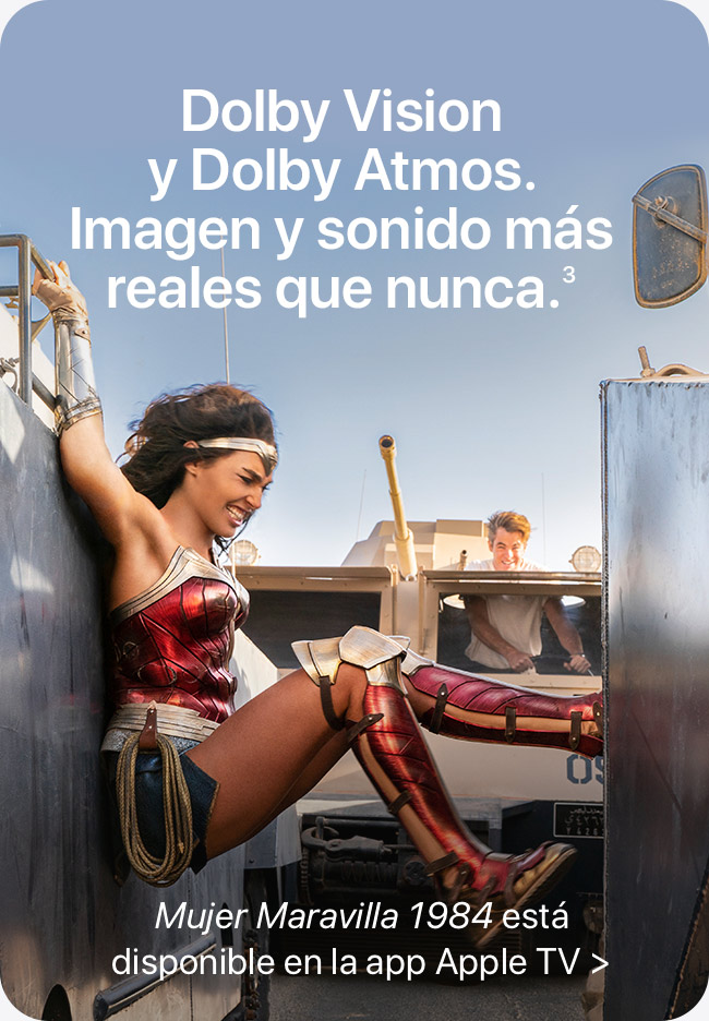 Dolby Vision y Dolby Atmos. Imagen y sonido más reales que nunca.(3) Mujer Maravilla 1984 está disponible en la app Apple TV