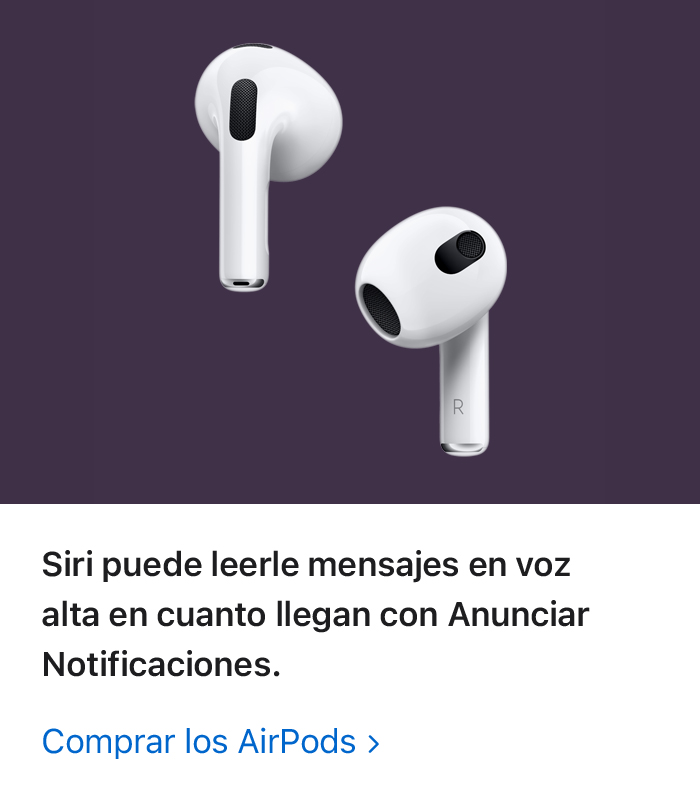 Siri puede leerle mensajes en voz alta en cuanto llegan con Anunciar Notificaciones. Comprar los AirPods: