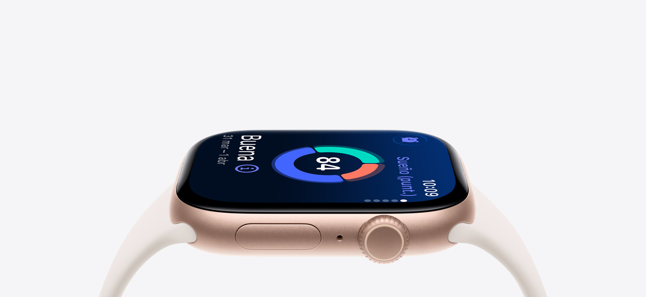 Apple Watch Series 11, color oro rosa, caja de aluminio, Puntuación de Sueño, parte lateral derecha, Digital Crown, micrófono, botón lateral, correa deportiva blanco estelar