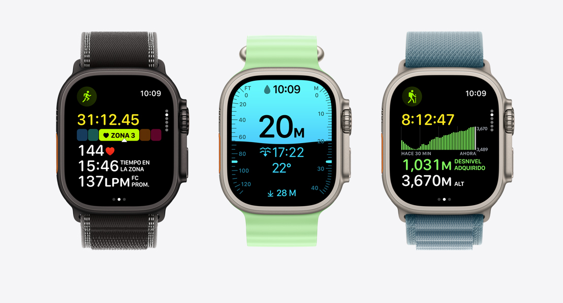 Apple Watch Ultra 3, app Entrenamiento en las pantallas: Carrera, Buceo y Ciclismo