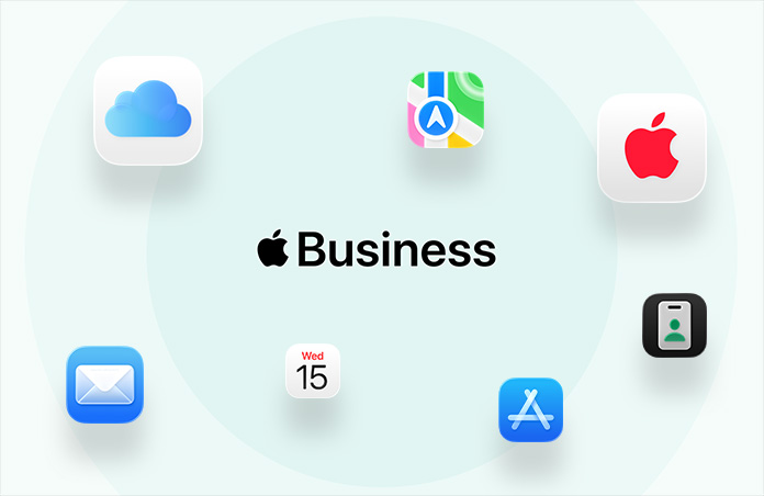 Apple Business, surrounded by app icons: iCloud, Maps, AppleCare, Mail, Calendar, App Store, Apple Business app
