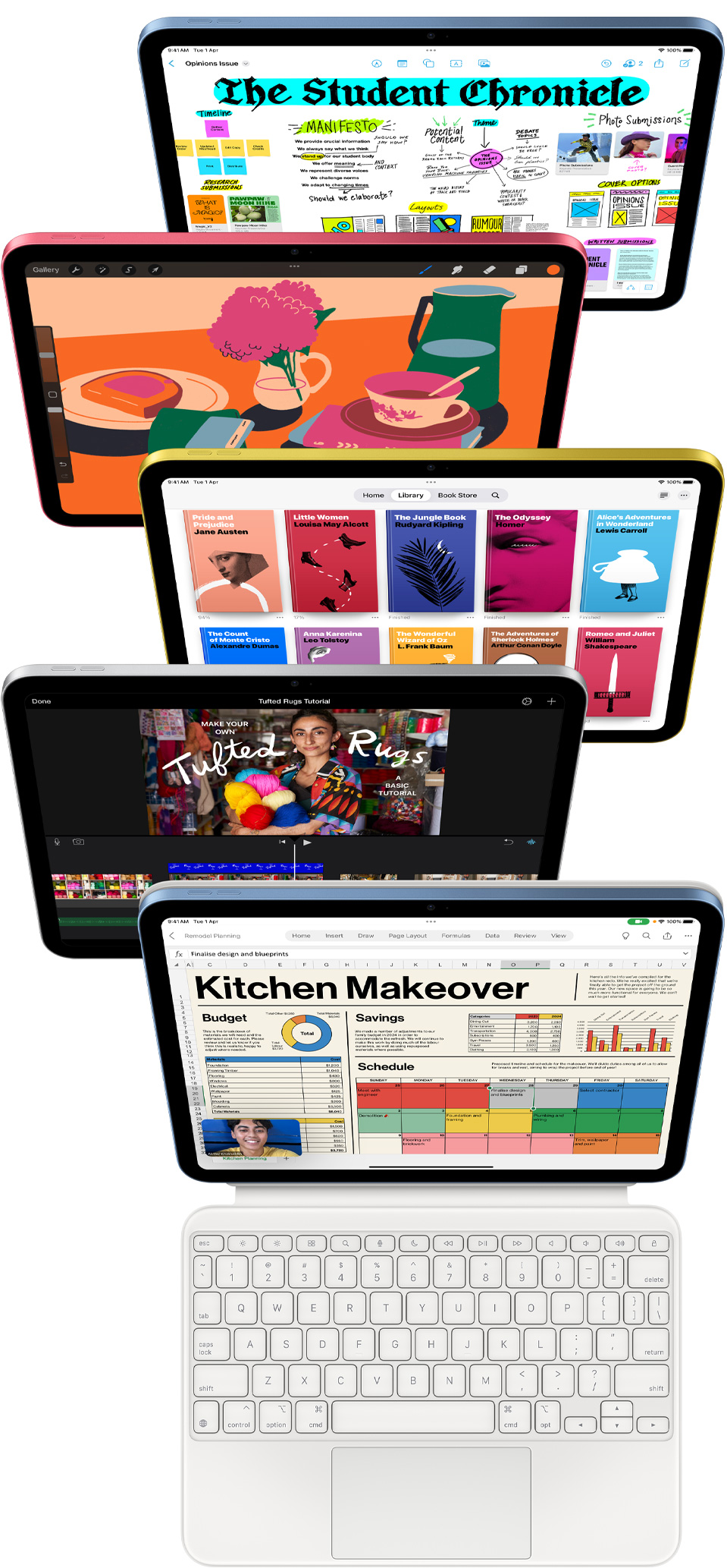 Front-facing iPad screens show a variety of apps including Freeform, ProCreate, Apple Books, iMovie and Excel with Webex Meetings.