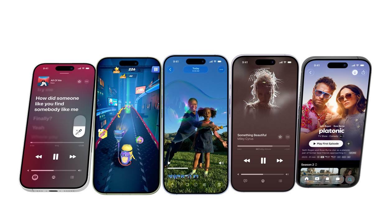 iPhone 17 devices in different colours, screens showing various apps