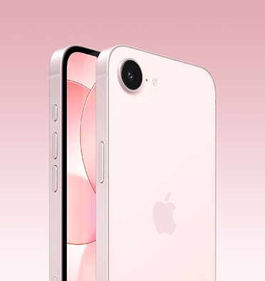  ront and back of iPhone 17e in soft pink, partial front screen, full back with Apple logo and single camera, side shows Action, volume and side buttons.