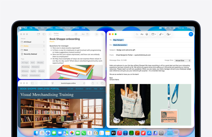 MacBook Neo, indigo color, screen shows composing a welcome email to new employee of bookstore, other tiled windows contain Notes doc about onboarding and bookstore's employee portal website in Safari