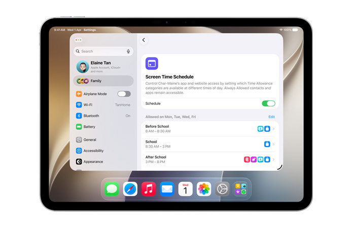 iPad Pro 11-inch, Silver, screen shows Time Allowance and Screen Time Schedule options in Settings to allow time and media categories for their child