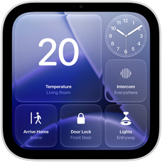 Apple HomeView display, screen shows Home app dashboard with thermostat set to 68 degrees, analog clock, intercom, Arrive Home scene, door lock and lights controls