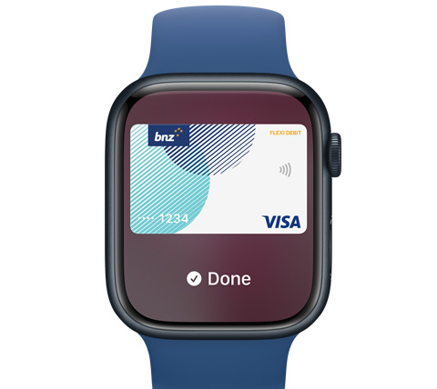 A front view of an Apple Watch. Someone made a payment with Apple Pay.