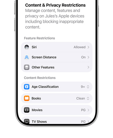 iPhone displaying content and privacy restrictions options for Child Account.