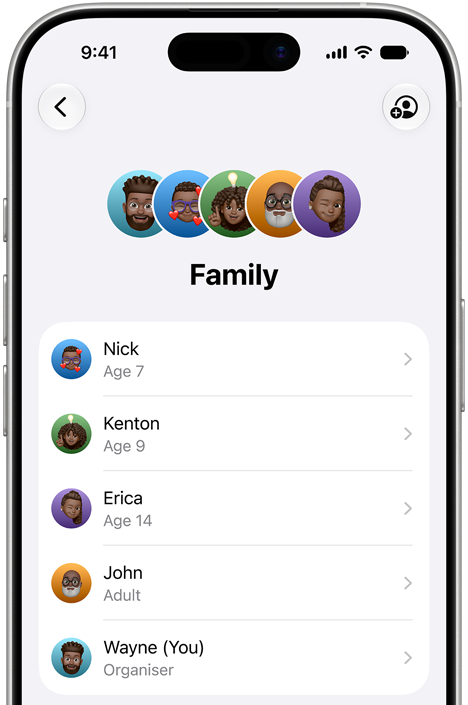 iPhone displaying the Family interface with multiple family member accounts, from children to adults.