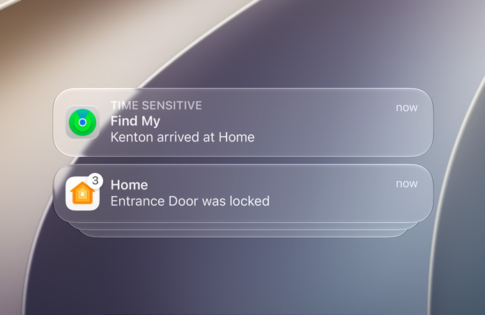 Lock screen with notifications from Find My and Home.