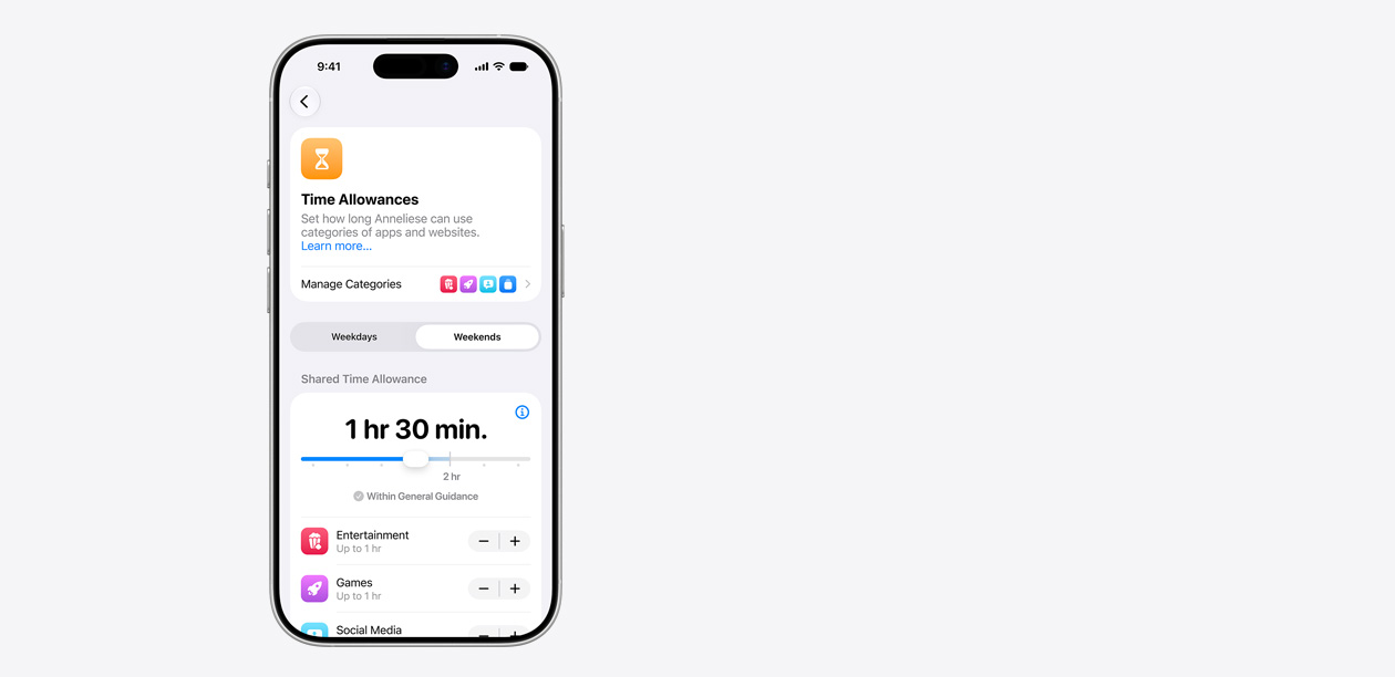 iPhone displaying Time Allowance interface, including a shared time allowance of one hour and 30 minutes, and suggested allowances for app categories like entertainment, games and social media.
