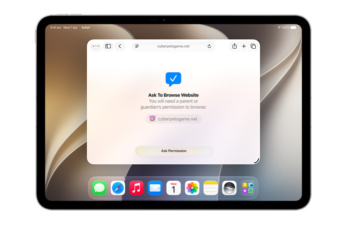 iPad displaying Ask to Browse interface, notifying the user that they need permission to browse with ‘Ask permission’ button below.